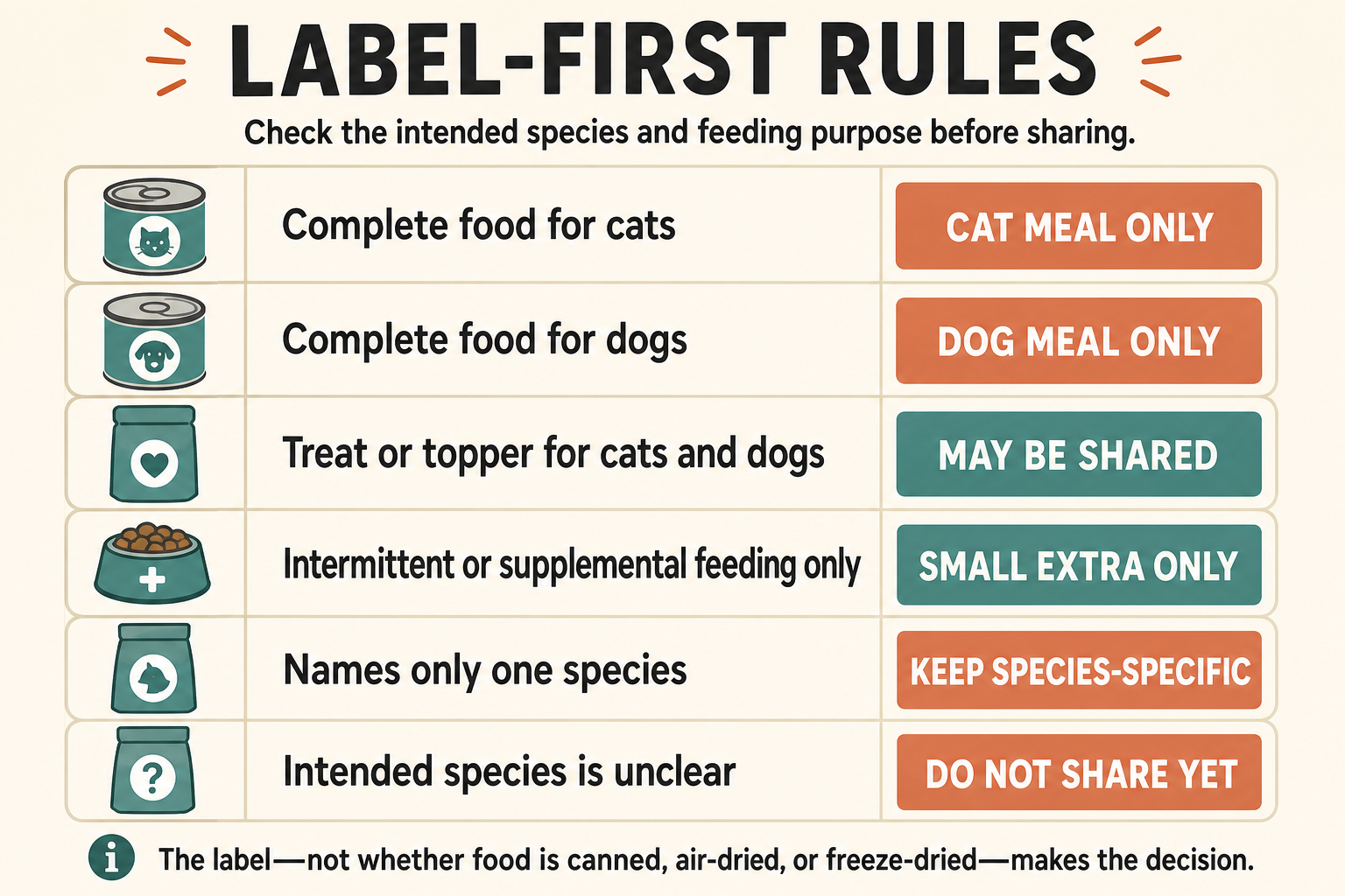 Label-first rules: complete cat food is for cat meals; complete dog food is for dog meals; treats labeled for both species may be shared; supplemental food is a small extra; food naming one species stays species-specific; and food with an unclear intended species should not be shared.